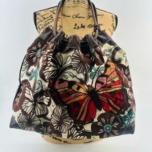 Brighton "Delia" Embroidered Monarch Butterfly Canvas & Leather Hobo Bag ~ rare